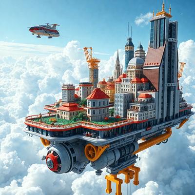The primary subject of the image is a large, intricate model of a city, complete with buildings, a helicopter, and a plane. The setting is a cloudy sky, which serves as the backdrop for the model. The visual style is a combination of digital art and illustration, creating a detailed and realistic representation of the city. The colors and mood of the image are predominantly white and blue, giving it a clean and serene atmosphere.